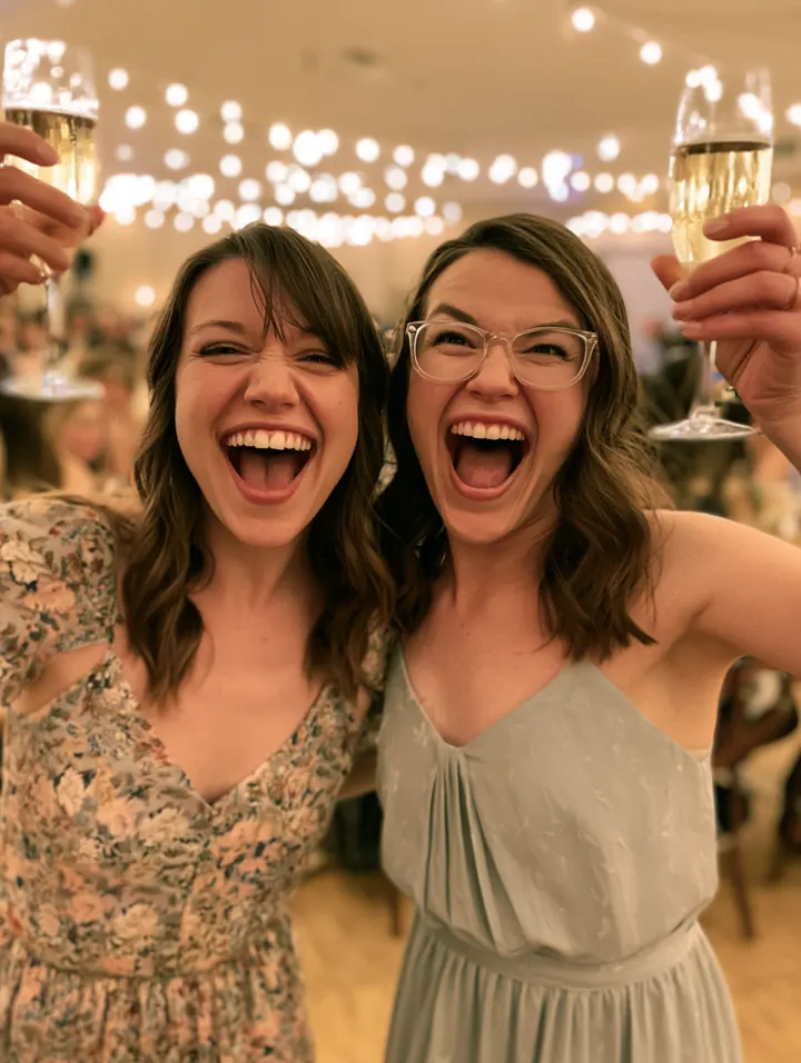 Two guests cheering at a wedding reception