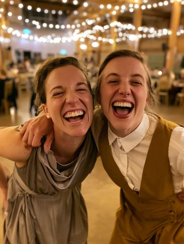 Older wedding guests smiling together