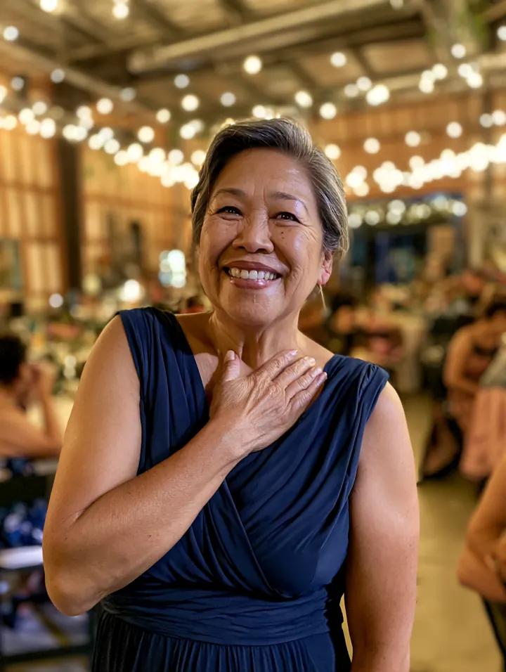 Guest smiling in a blue dress