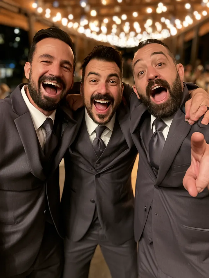 Three groomsmen laughing into the camera